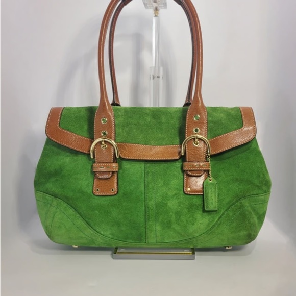 Coach Green Suede Satchel with Tan Leather Details